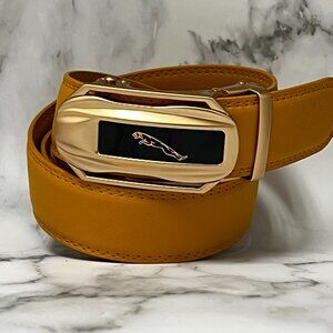Mustard Yellow Belt Women Men Gold Automatic Buckle Slide Belt Leather Jeans New